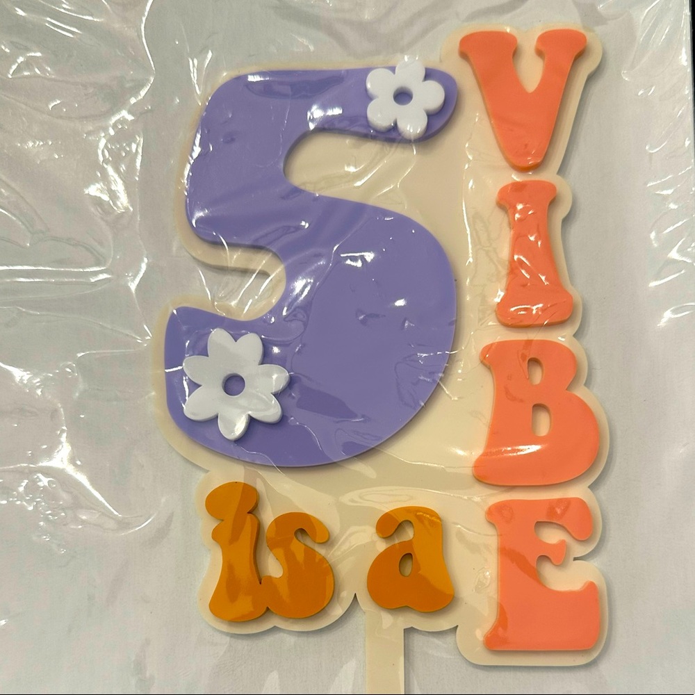 Beautiful groovy cake topper “5 is a vibe” Purchased on Etsy. Brand new Acrylic
